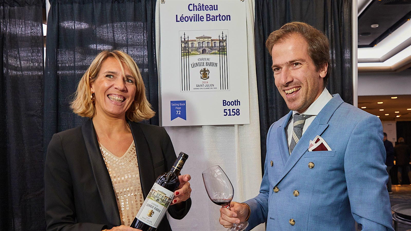 At the Château Léoville Barton table, Margeri Pourquie and estate co-owner Damien Barton-Sartorius pour the Bordeaux red at the 2022 Wine Experience Grand Tastings